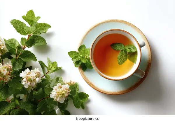 Fresh Mint Tea and Flowers on White Background