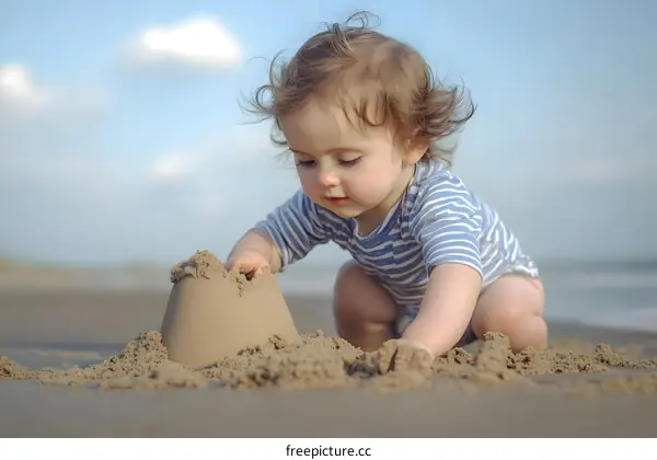 Toddler Building Sandcastle On Beach