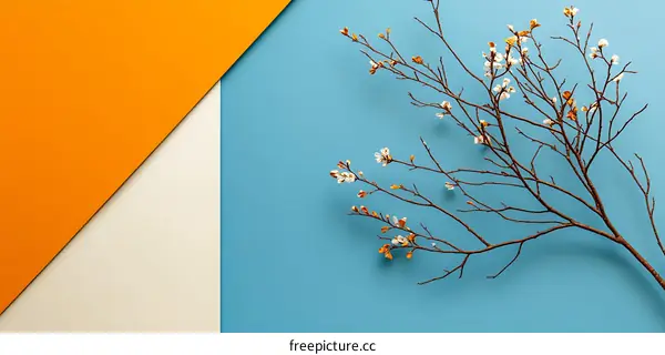 White Flowers on a Branch Against a Blue and Orange Background
