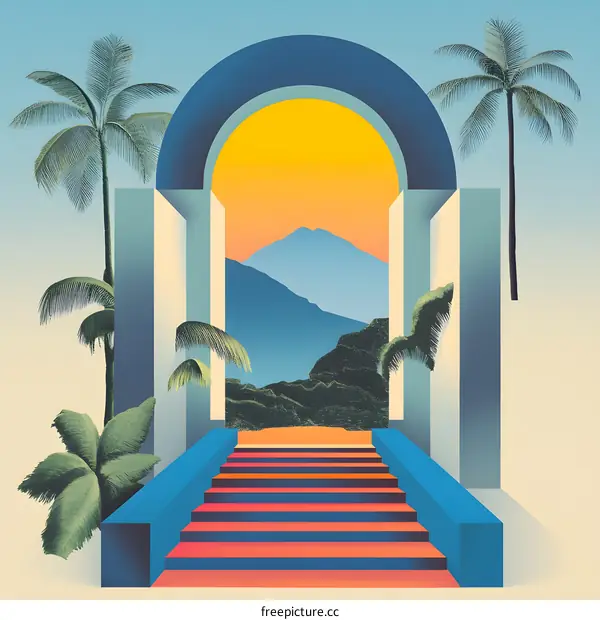 Abstract Minimalist Illustration with Arch and Palm Trees Leading to Mountain Landscape