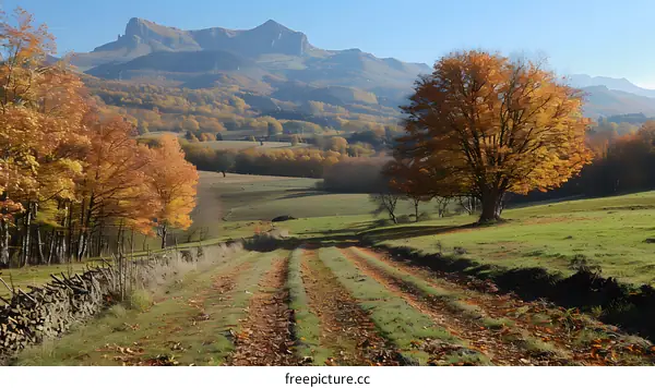Country road with autumn leaves and mountain view