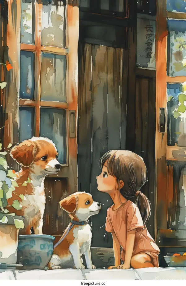 Little girl playing with two dogs outside her house