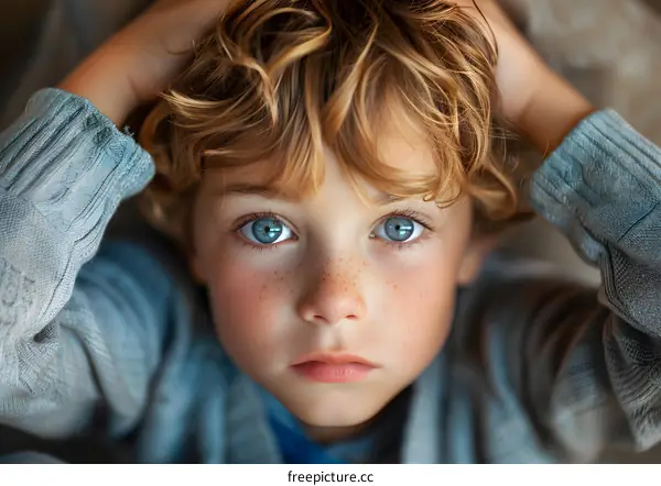 Portrait of a boy with red hair and blue eyes
