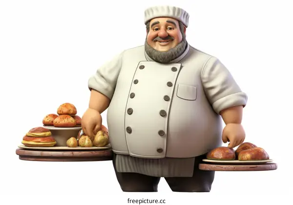 Baker with a toothy grin holding trays of bread and pastries