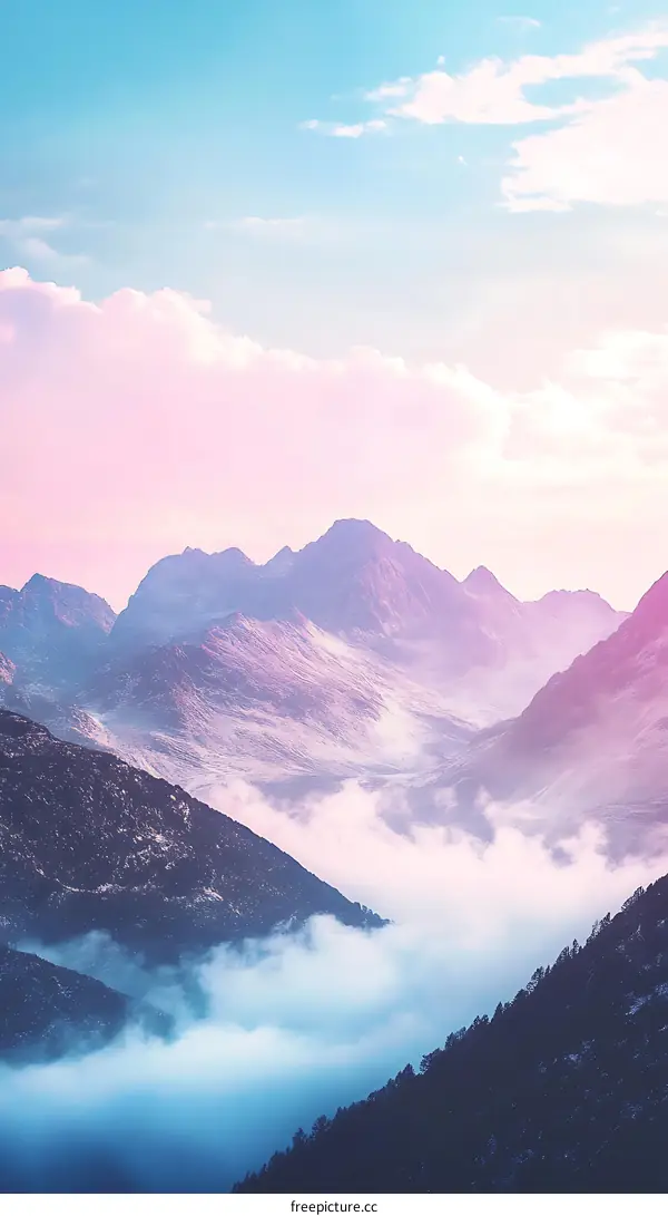 Beautiful Mountain Ranges with Pink and Blue Sky