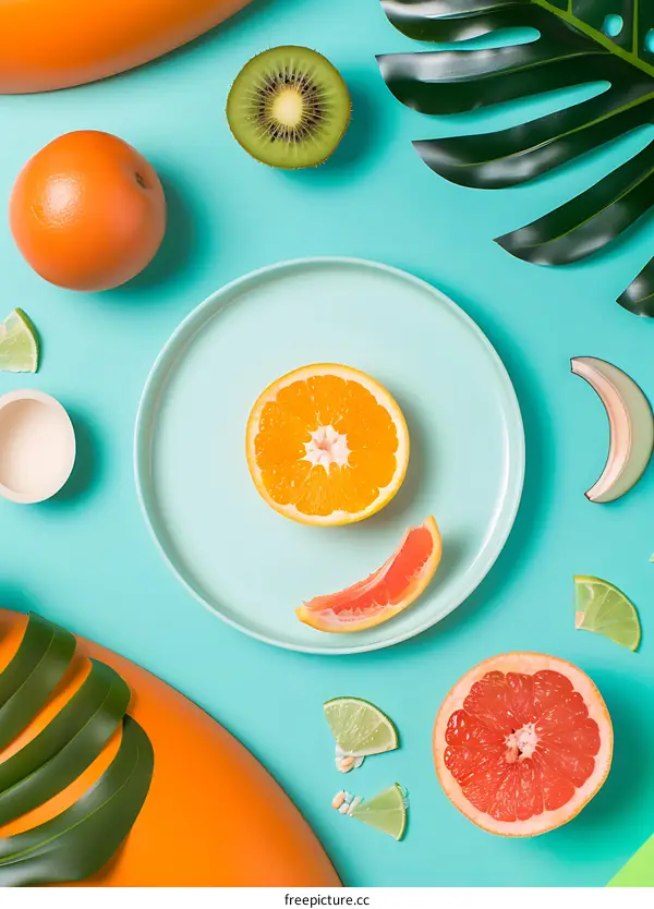 Summer Fruit Flat Lay With Green Leaves