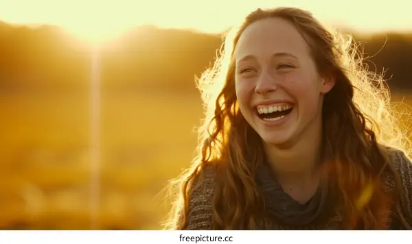 Laughing Girl with Long Wavy Brown Hair and Freckles