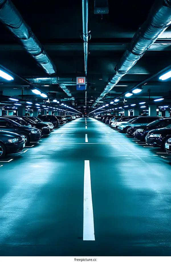 Empty Parking Garage With White Lines And Fluorescent Lights