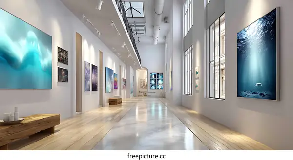 Modern Art Gallery Corridor with Underwater Scene
