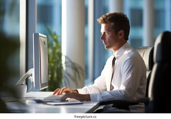 Young businessman working on computer in office