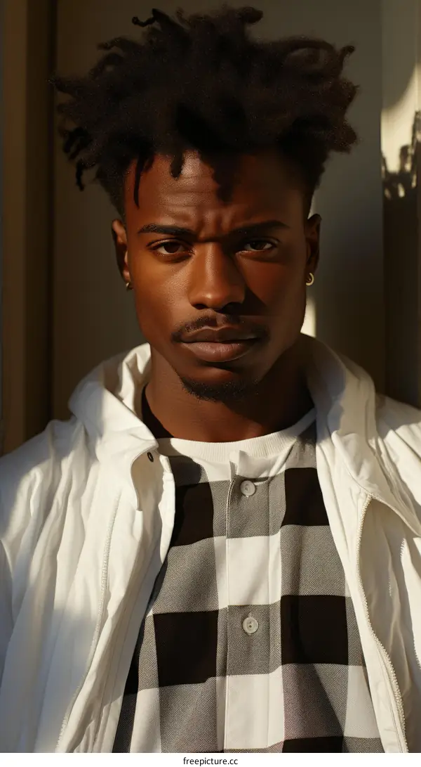 Studio portrait of a young African-American man with dreadlocks wearing a white jacket and a checkered shirt