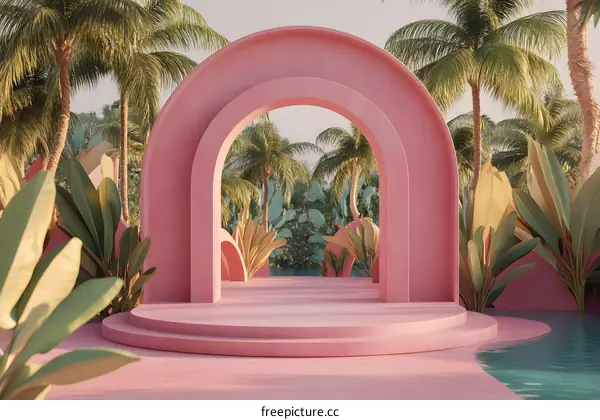 Pink Archway with Tropical Plants and Pool