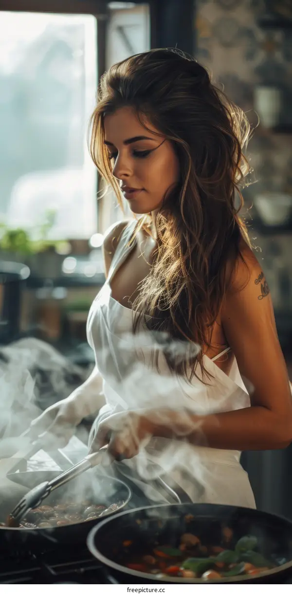 Tattooed Female Chef Cooking Healthy Food in a Sunlit Kitchen