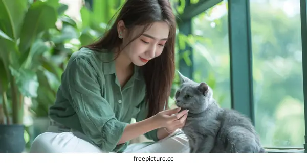 A young woman is sitting on the floor with a gray cat