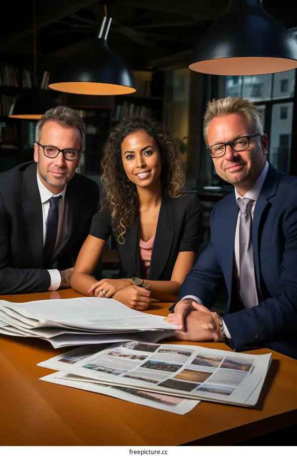 Three business people sitting at a table and reading newspapers