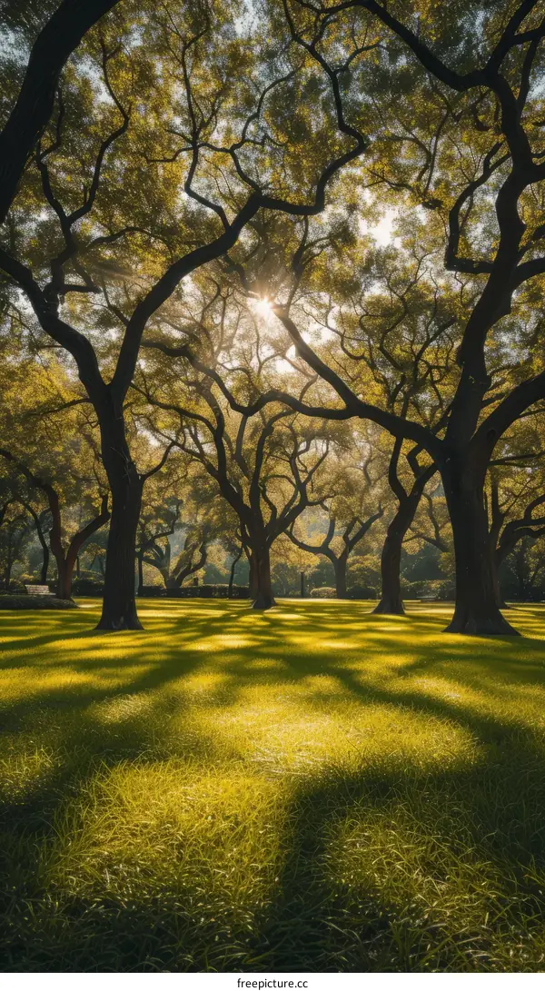 Sunlight shining through the trees in a park