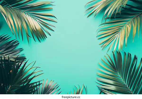 Tropical Palm Leaves Background on Turquoise