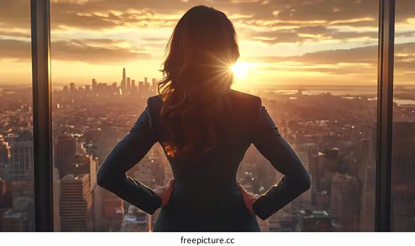 Business Woman Contemplating Cityscape at Sunrise