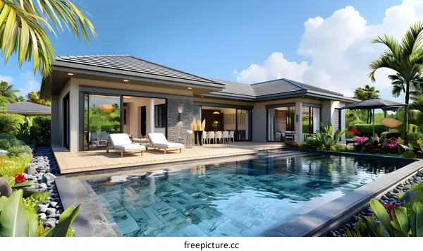 A beautiful villa with a pool and a garden