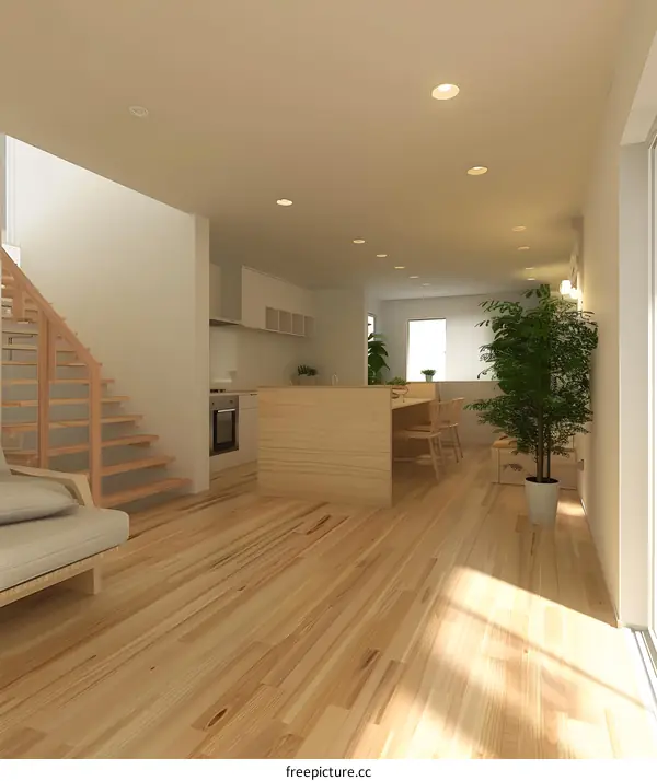 Modern Minimalist Living Room Interior Design with Wooden Flooring and Stairs