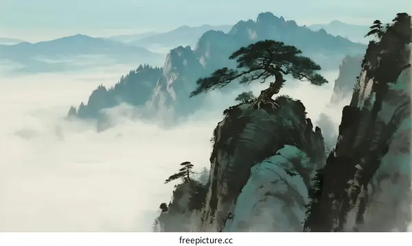 Misty Mountain Peaks with Ancient Pine Tree in Chinese Landscape