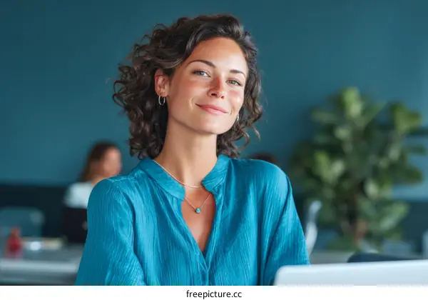 Confident Woman in Teal Office Attire