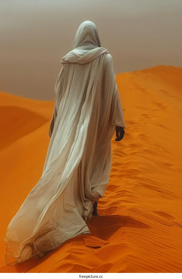 Man in white robe walking through desert