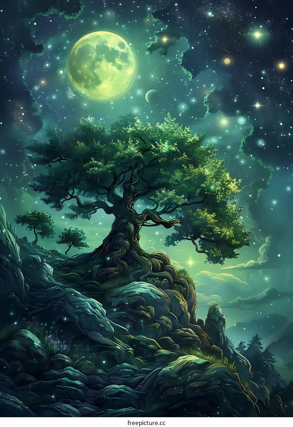 Lonely Tree Under Moonlit Sky With Stars