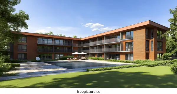Modern Apartment Building with Swimming Pool and Green Lawn