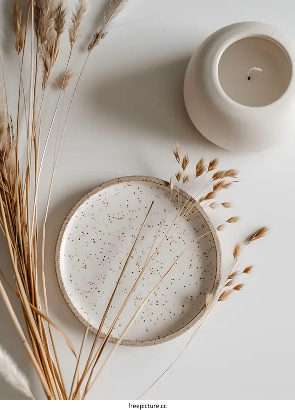 White Ceramic Plate With Dried Grass And Candle