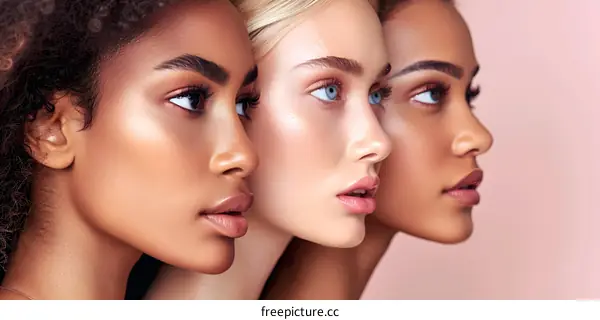 Three young beautiful multiracial women with perfect skin posing together