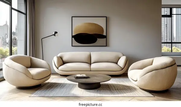 Modern Beige Living Room Furniture Set with Abstract Art