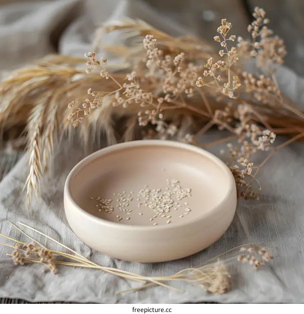 Ceramic Bowl with Sesame Seeds and Dried Flowers