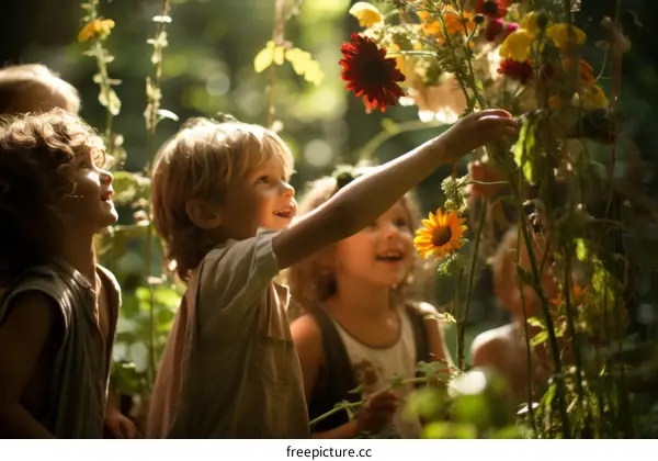 Four children are playing in the flowers