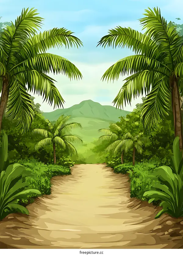 Tropical Jungle Path With Lush Foliage And Mountain View