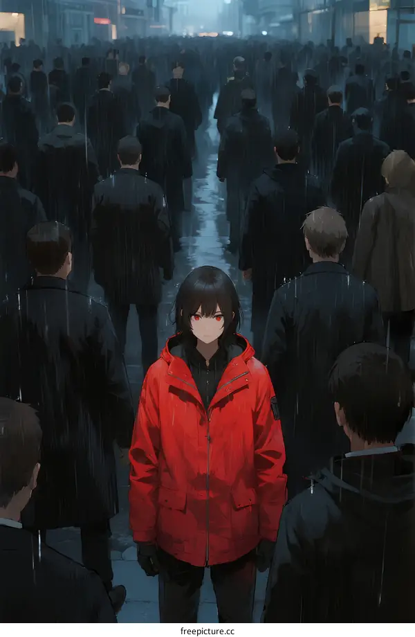 A lone person in red coat standing among crowd in rainy city street