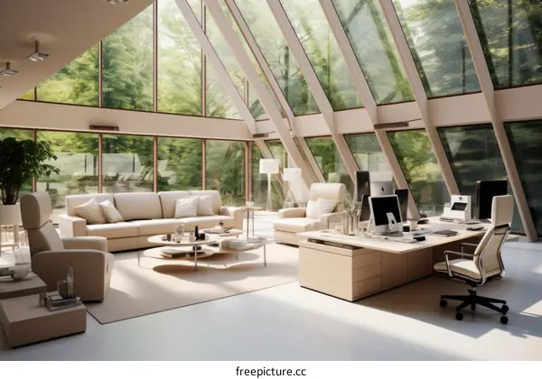 Modern home office interior design with large windows and a minimalist aesthetic