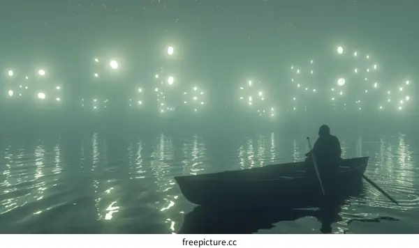 Man rowing a boat in a lake surrounded by glowing orbs