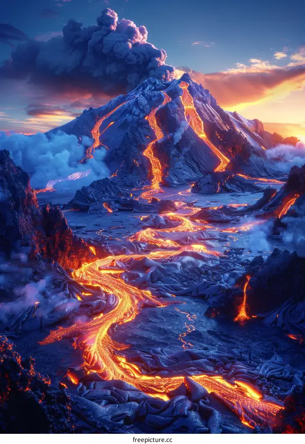 Lava Flowing Down a Mountainside During a Volcanic Eruption