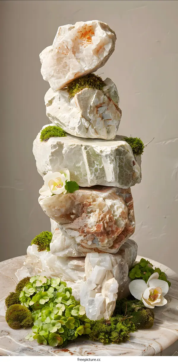 Stacked Stones With Moss And Flowers