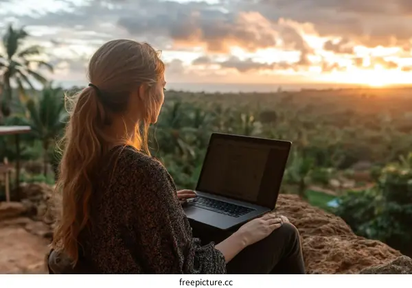 Woman Working on Laptop Outdoor at Sunrise