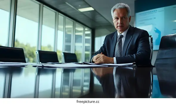 Businessman Sitting at Conference Table Looking at Camera