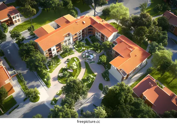Aerial View of Residential Buildings With Red Roofs Surrounded by Trees and Lush Greenery