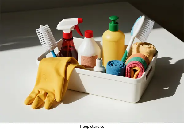 Assortment of cleaning supplies including gloves brushes and bottles