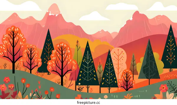 Autumn Landscape Illustration with Mountains and Trees