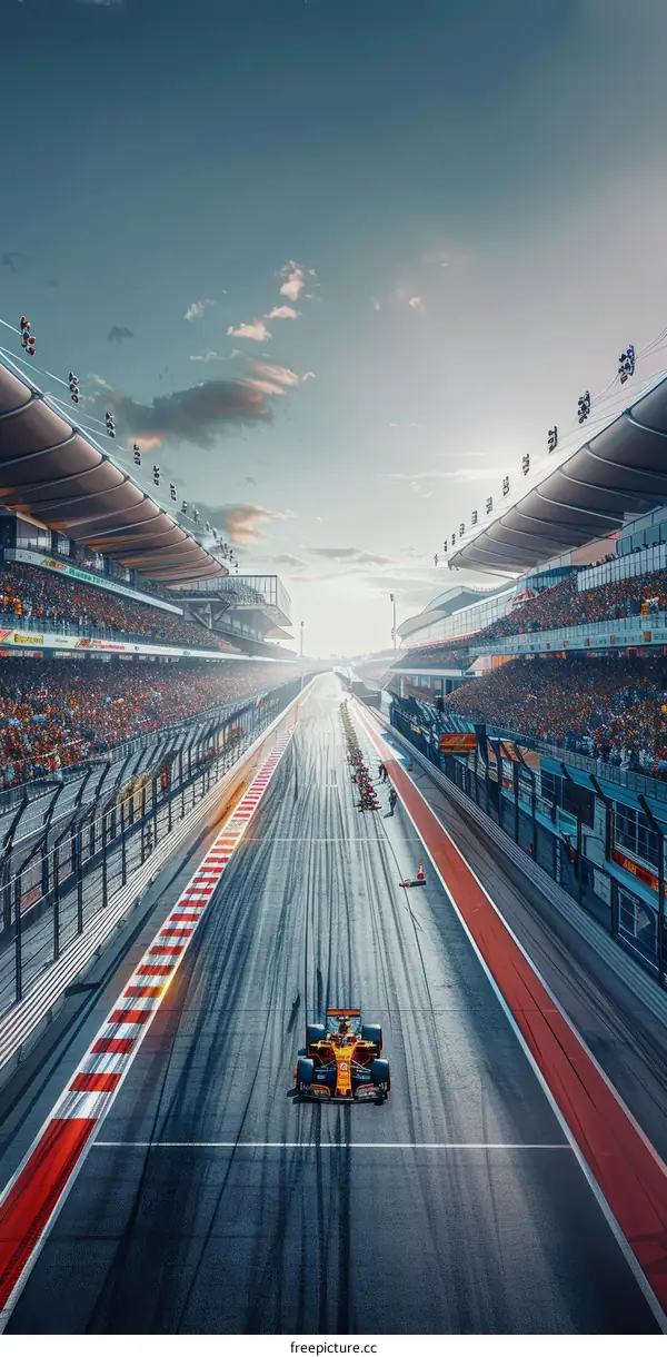 Formula One race car on a track with grandstands full of spectators