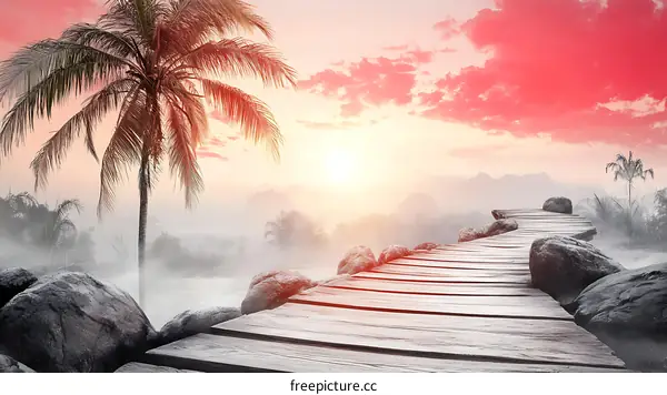 Misty Sunrise Wooden Pathway Through Tropical Forest