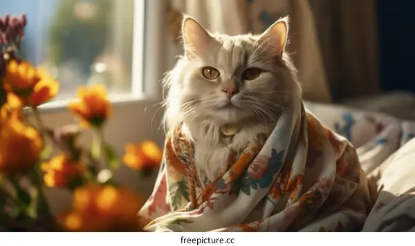 Fluffy White Cat Sitting on a Floral Bedspread
