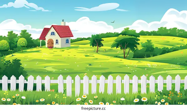 Beautiful Landscape with Green Grass, White Fence and House