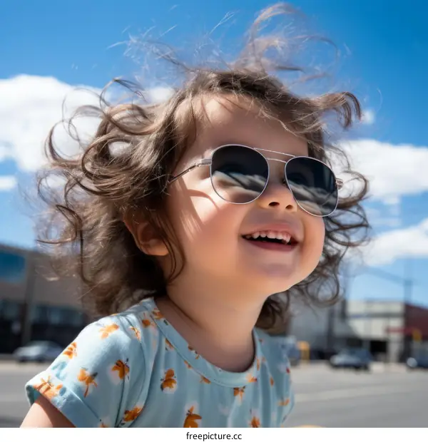 Little happy girl with sunglasses looking up